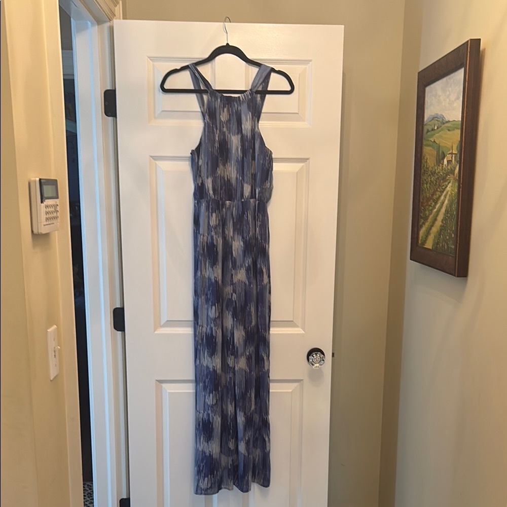 Aqua Blue and White Sleeveless Halter Jumpsuit